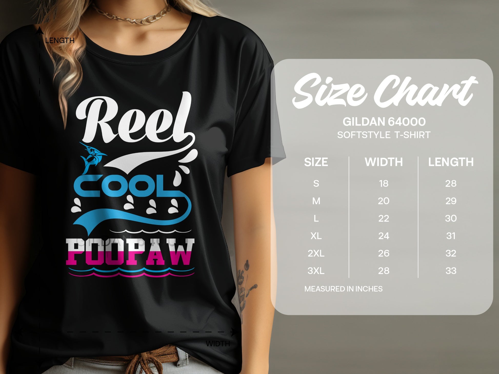 Gildan 64000 t-shirt with "Reel Cool Poopaw" graphic and size chart.