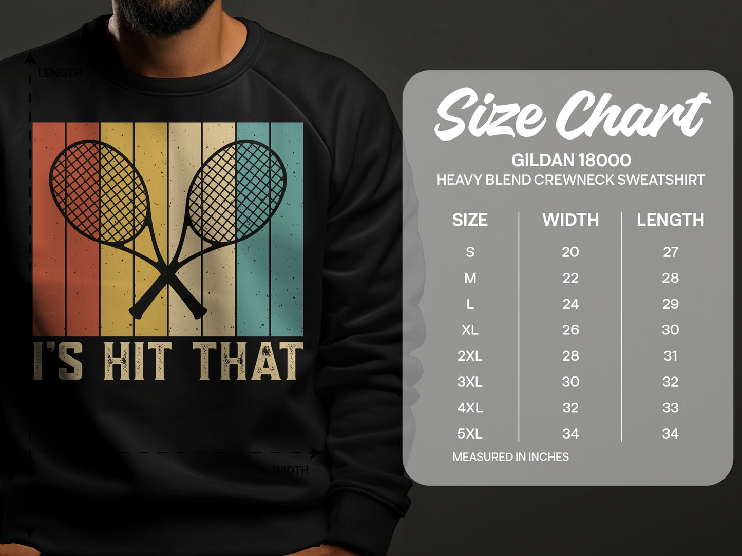 Gildan 18000 sweatshirt size chart with measurements for width and length.