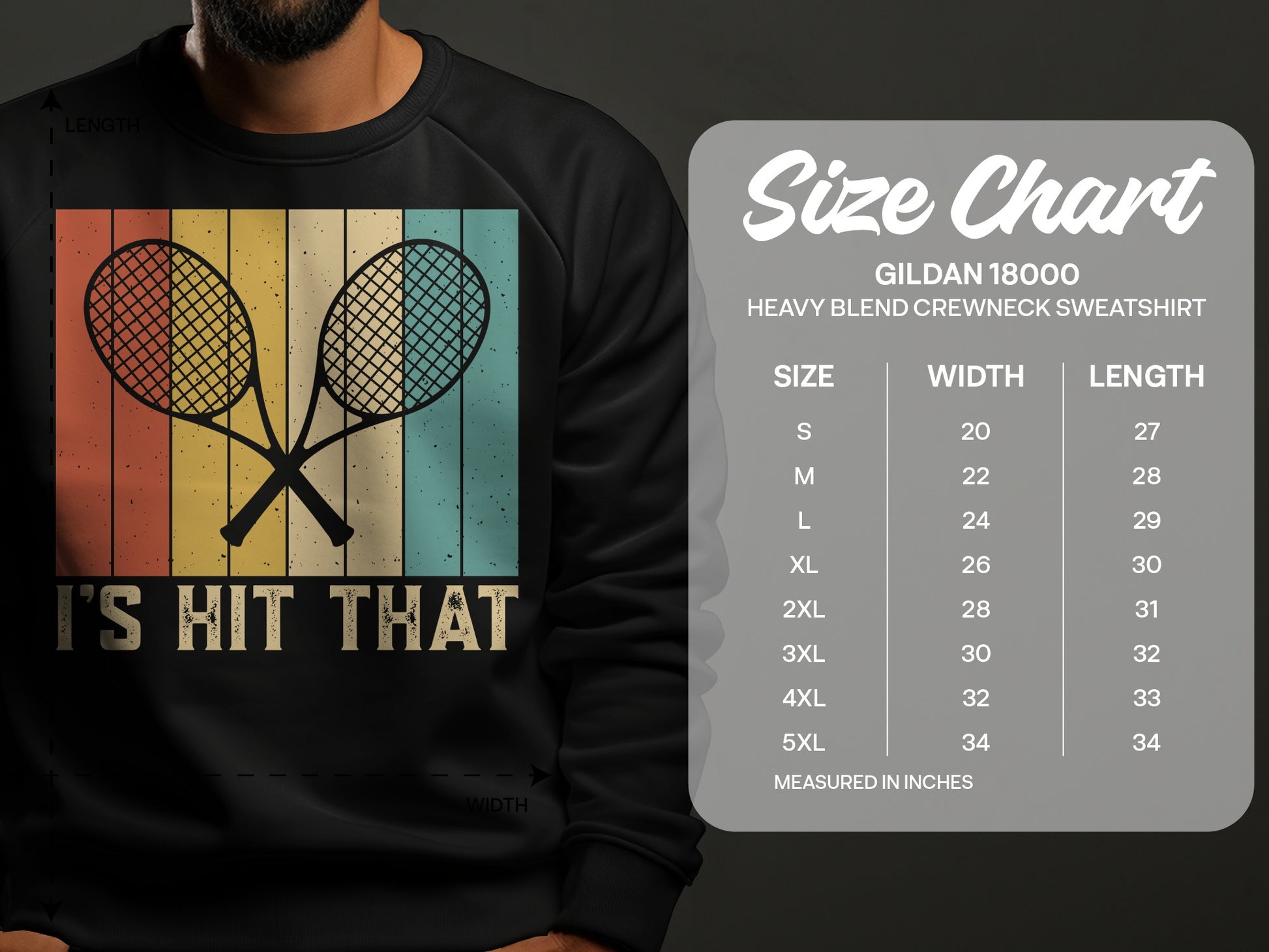 Gildan 18000 sweatshirt size chart with measurements for width and length.