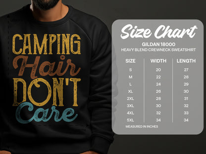 Crewneck sweatshirt with "CAMPING Hair DON'T Care" graphic and size chart.