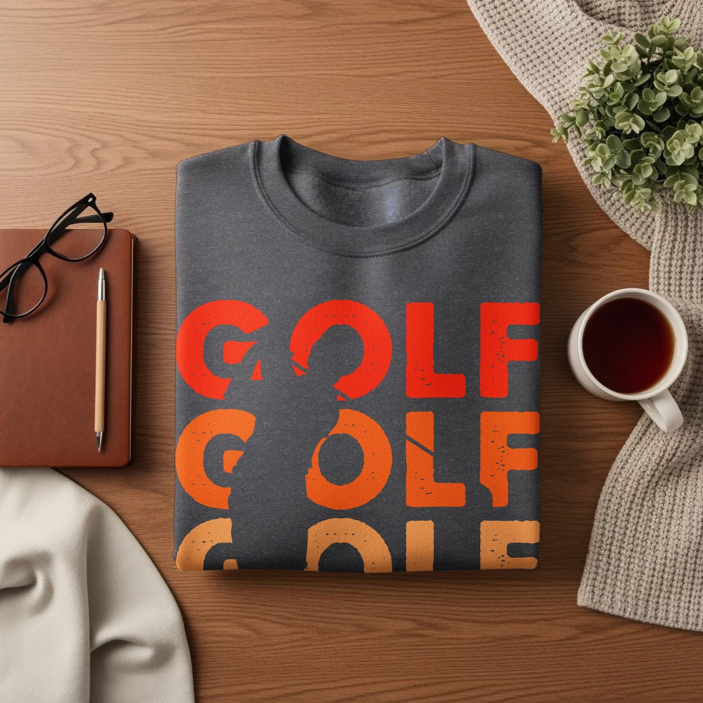 Dark gray sweatshirt with "GOLF GOLF GOLF" text and golfer graphic.