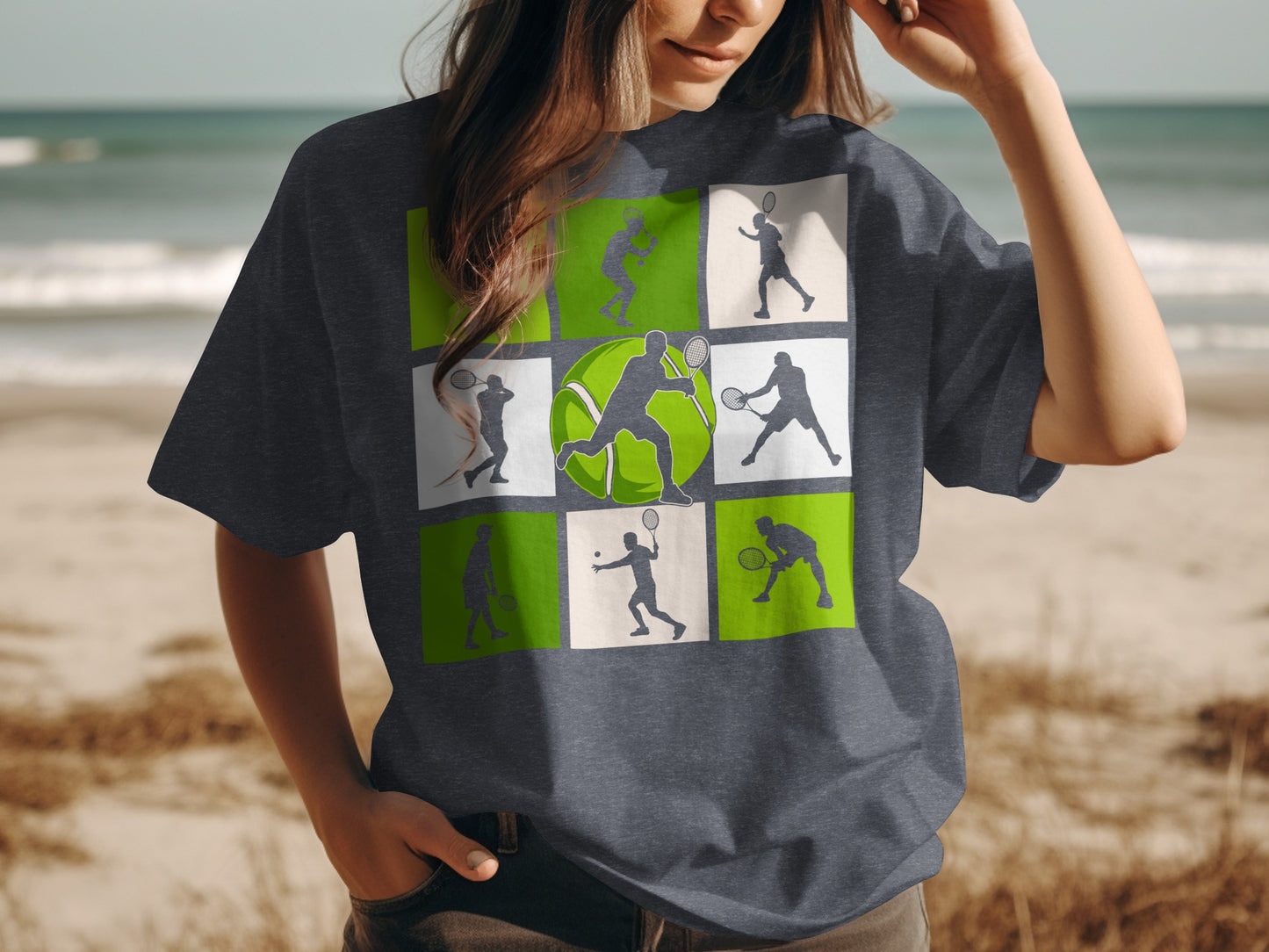 T-shirt featuring a grid of tennis player silhouettes and a large tennis ball.