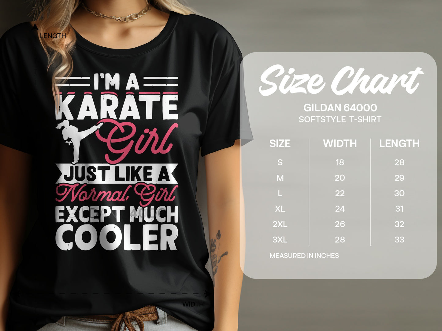 T-shirt with "I'm a Karate Girl" graphic and size chart.