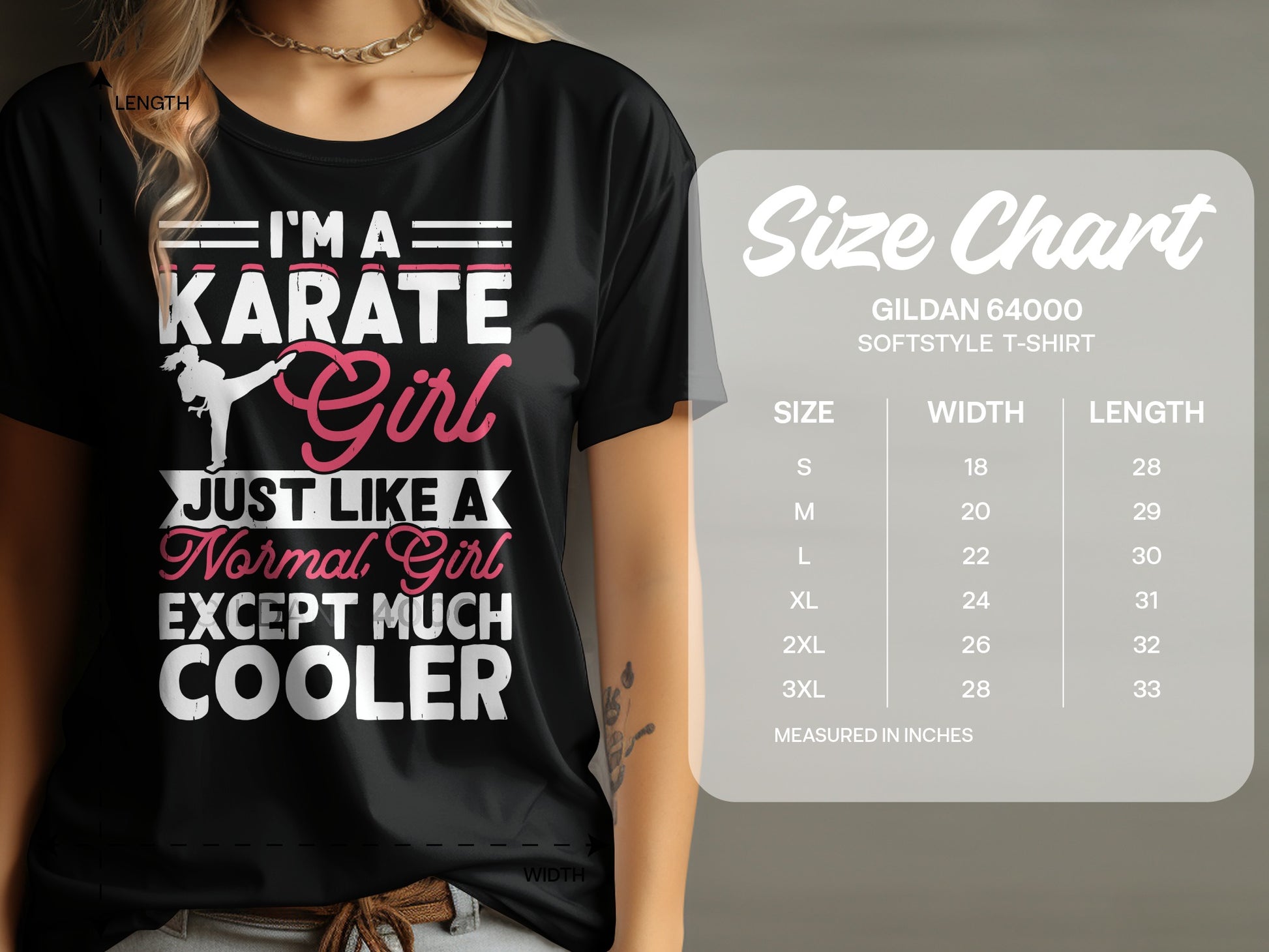 T-shirt with "I'm a Karate Girl" graphic and size chart.