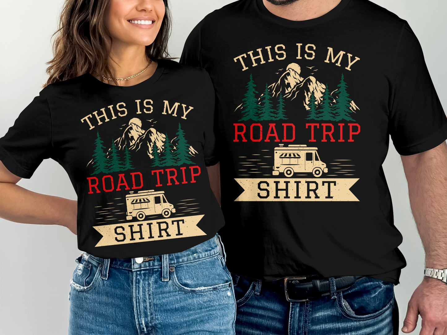 Black t-shirts with "This is my Road Trip Shirt" graphic and RV.