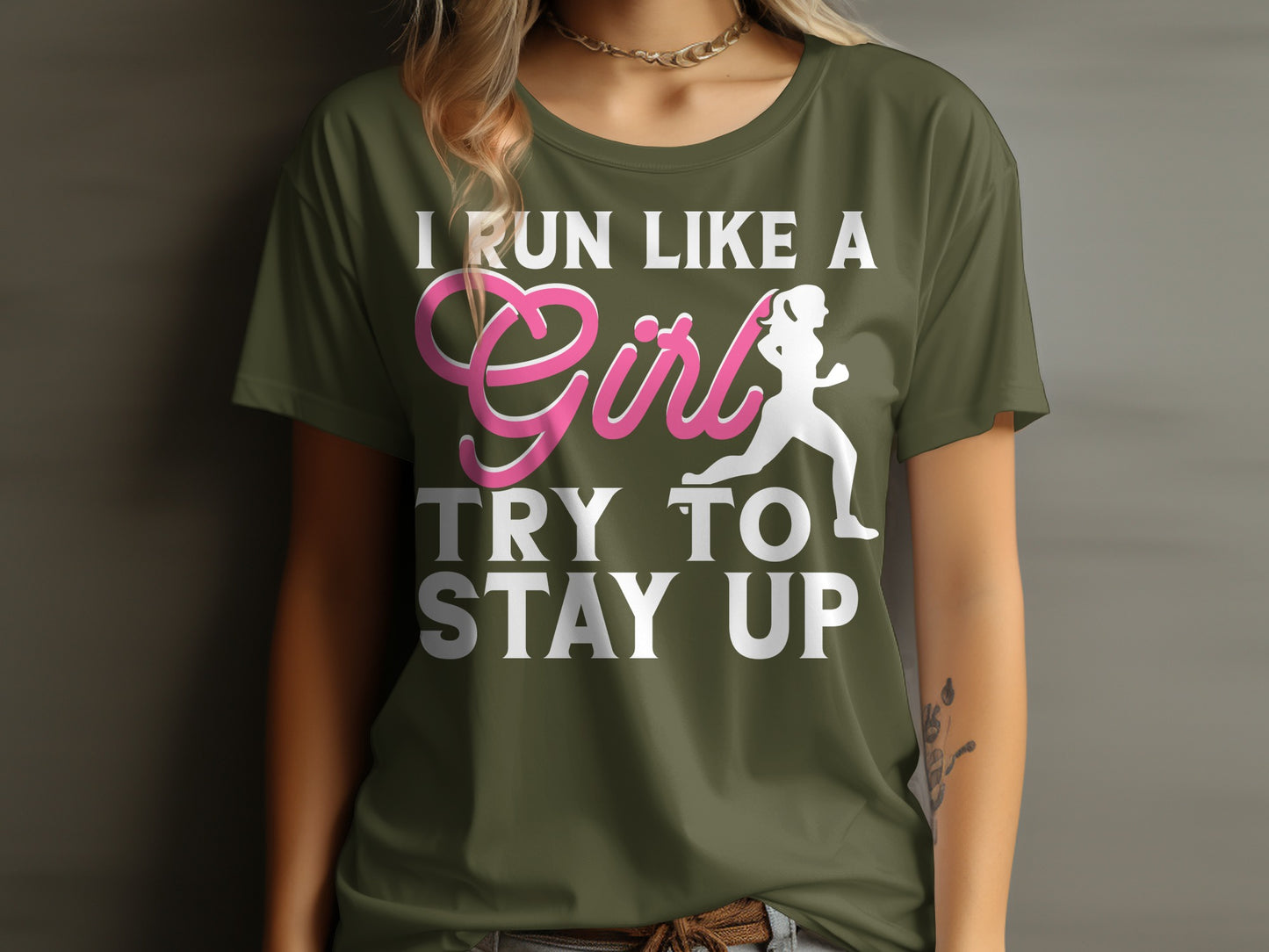 T-shirt with "I run like a girl, try to keep up" and running woman graphic.