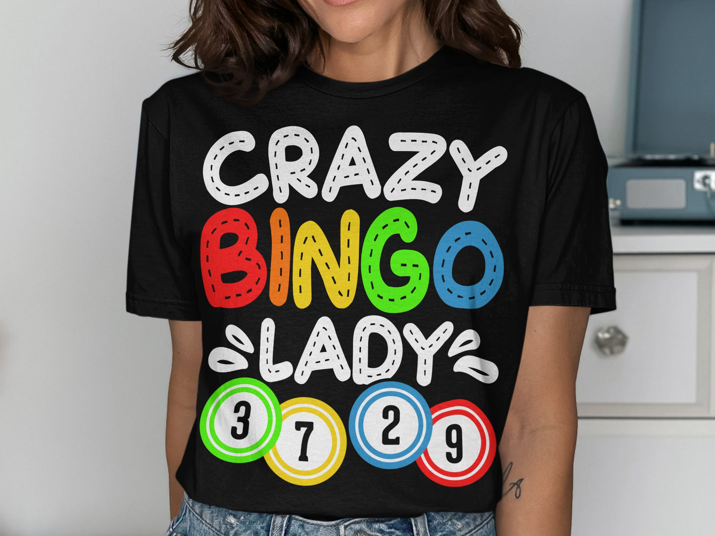 Black t-shirt with "CRAZY BINGO LADY" and bingo balls.