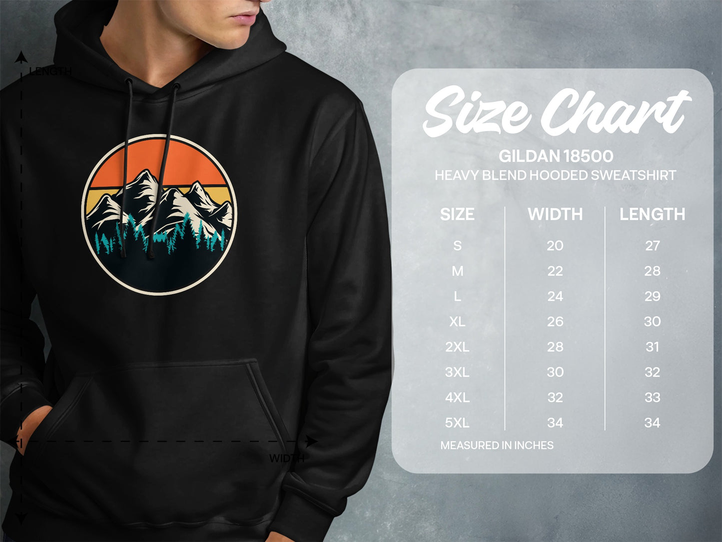 Size chart for Gildan 18500 hooded sweatshirt with measurements.