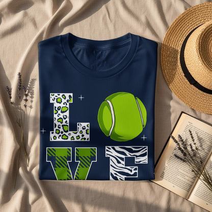 Navy t-shirt with "LOVE" text and tennis ball design, next to straw hat.