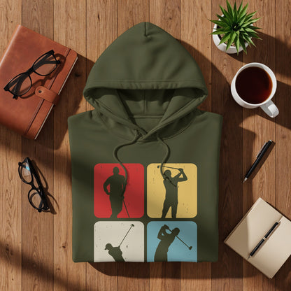 Hoodie with four retro golf silhouette squares on a wooden background.