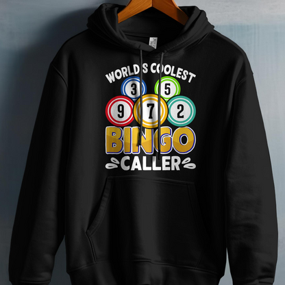Black hoodie with "World's Coolest Bingo Caller" text and bingo balls.