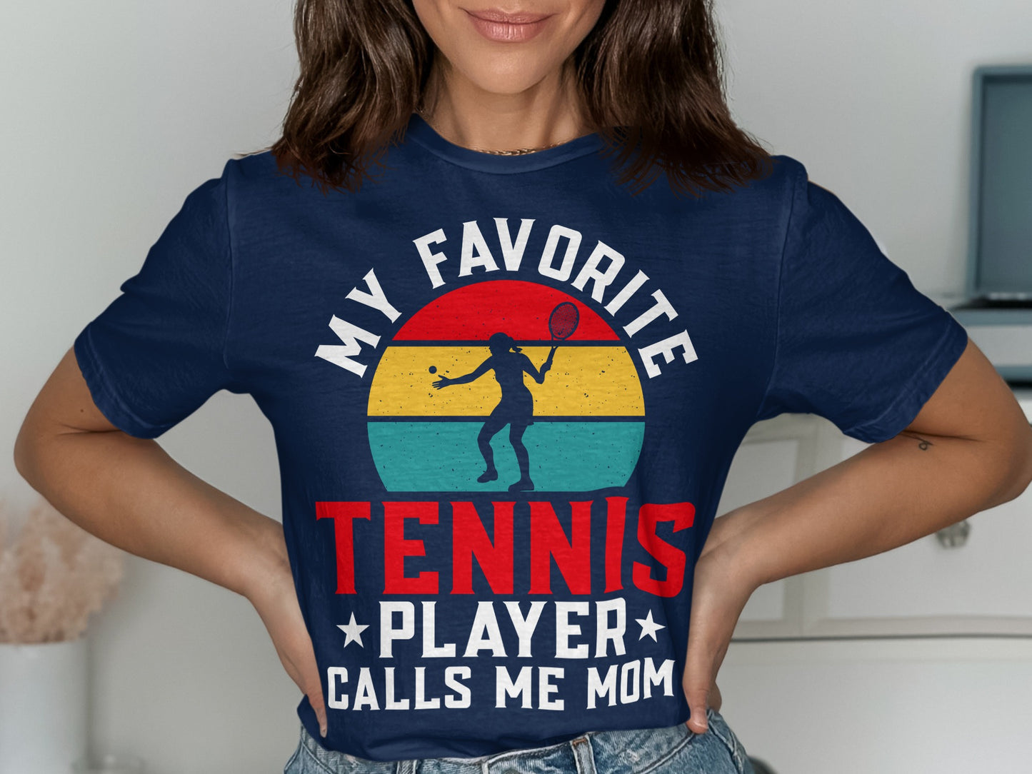 Navy t-shirt with "My Favorite Player Calls Me Mom" and tennis graphic.