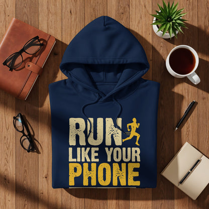 Navy blue hoodie with "Run Like Your Phone" text and running figure.