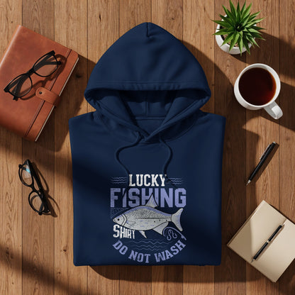 Navy blue hoodie with "Lucky Fishing Shirt Do Not Wash" text and fish graphic.