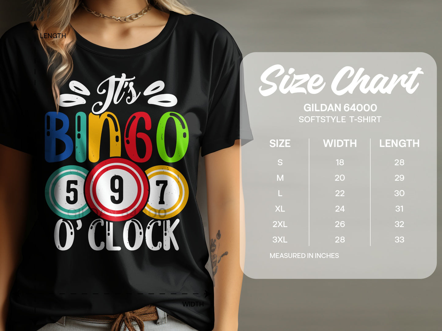Black t-shirt with "It's Bingo O'Clock" and numbered bingo balls.