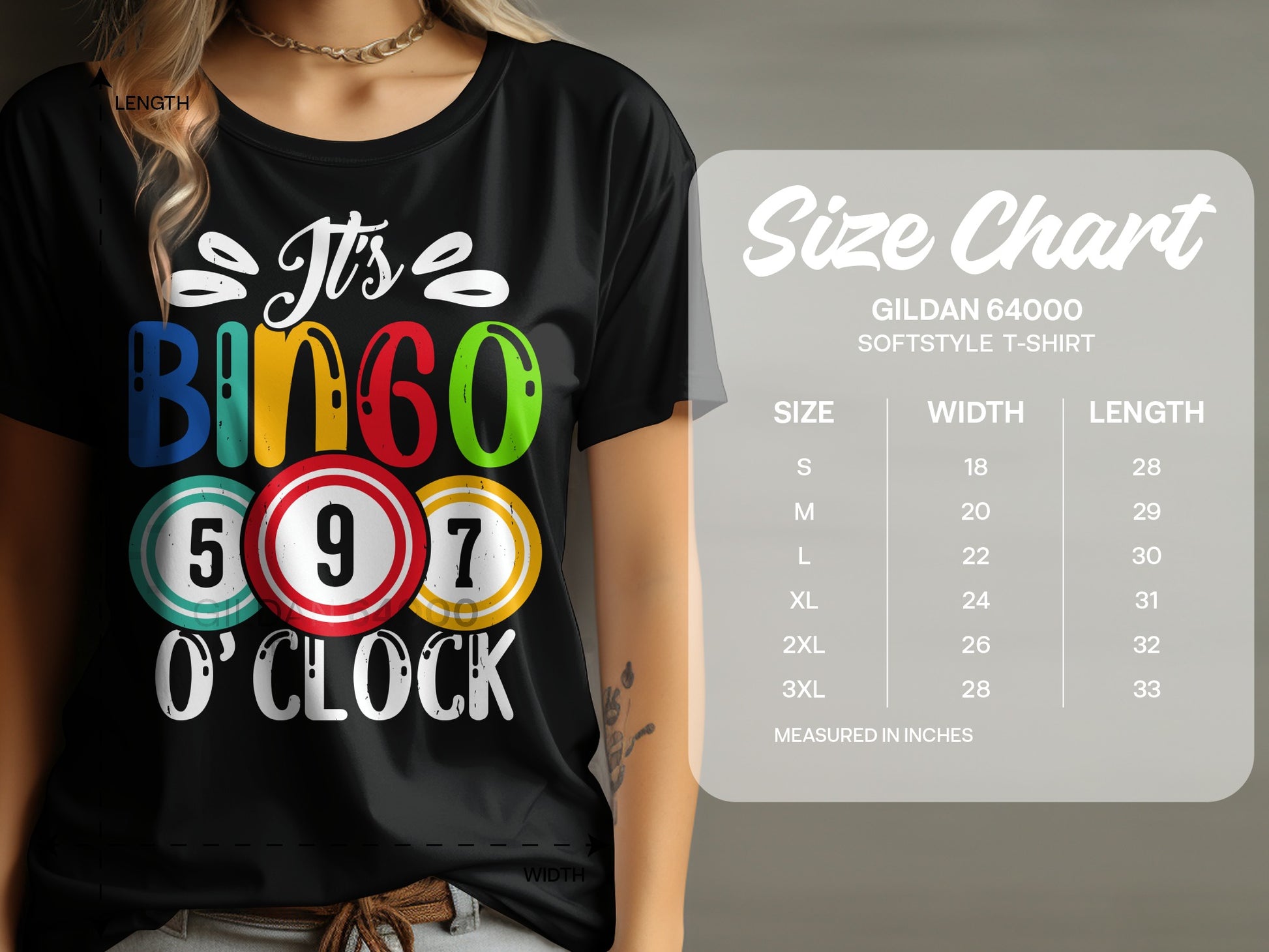 Black t-shirt with "It's Bingo O'Clock" and numbered bingo balls.