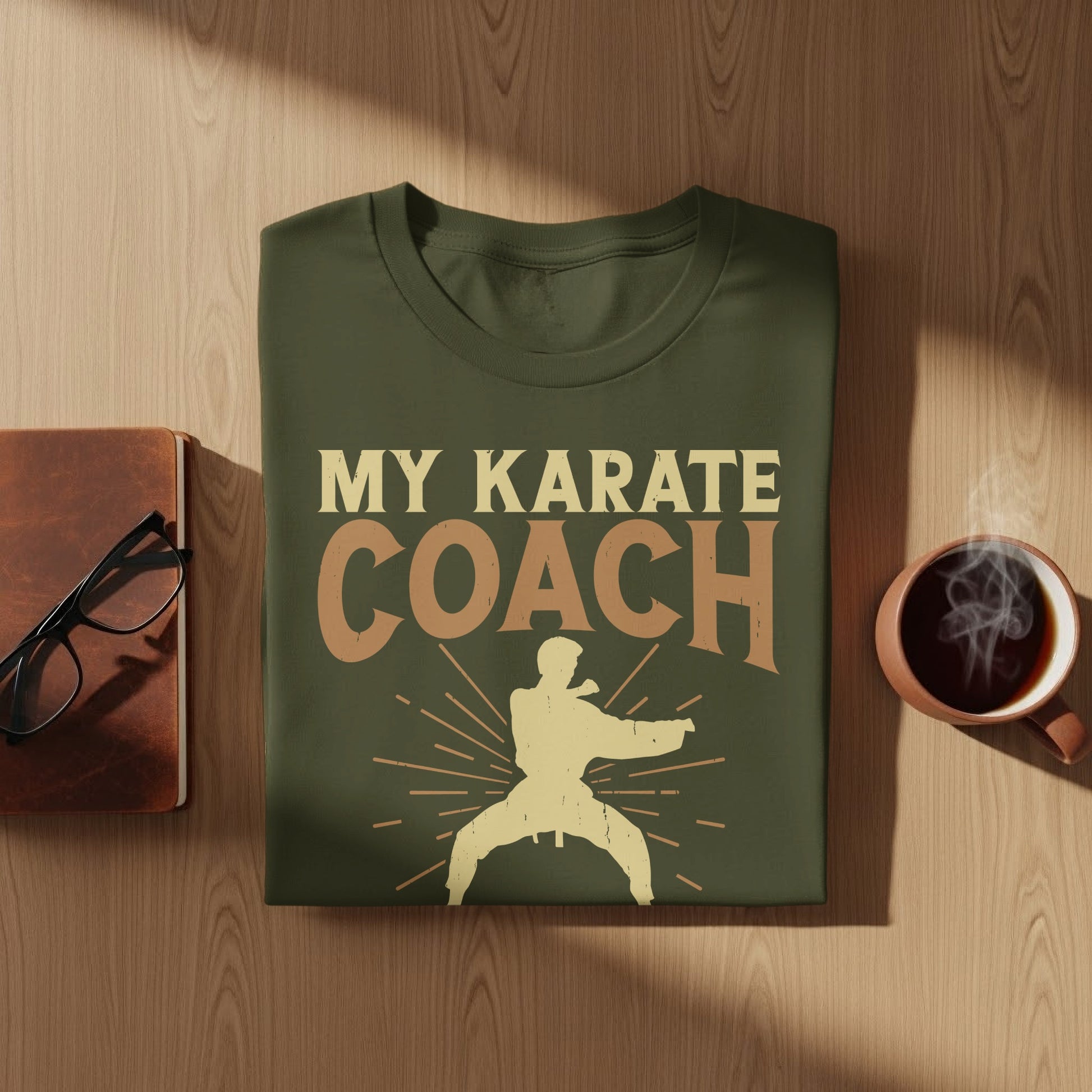 Green t-shirt with "My Karate Coach" text and a karate fighter graphic.
