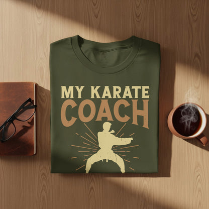 Green t-shirt with "My Karate Coach" text and a karate fighter graphic.