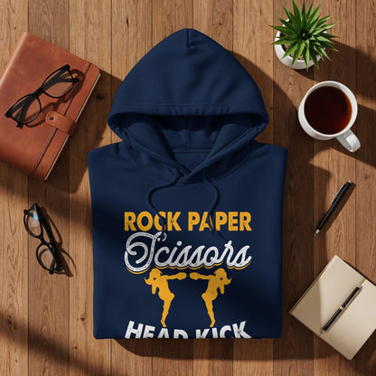Navy hoodie with "Rock Paper Scissors Head Kick" text and cartoon figures.