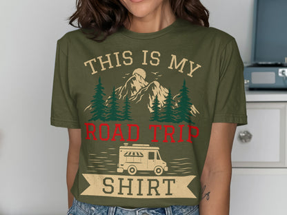 Green t-shirt with "This is My Road Trip Shirt" and a camper van graphic.