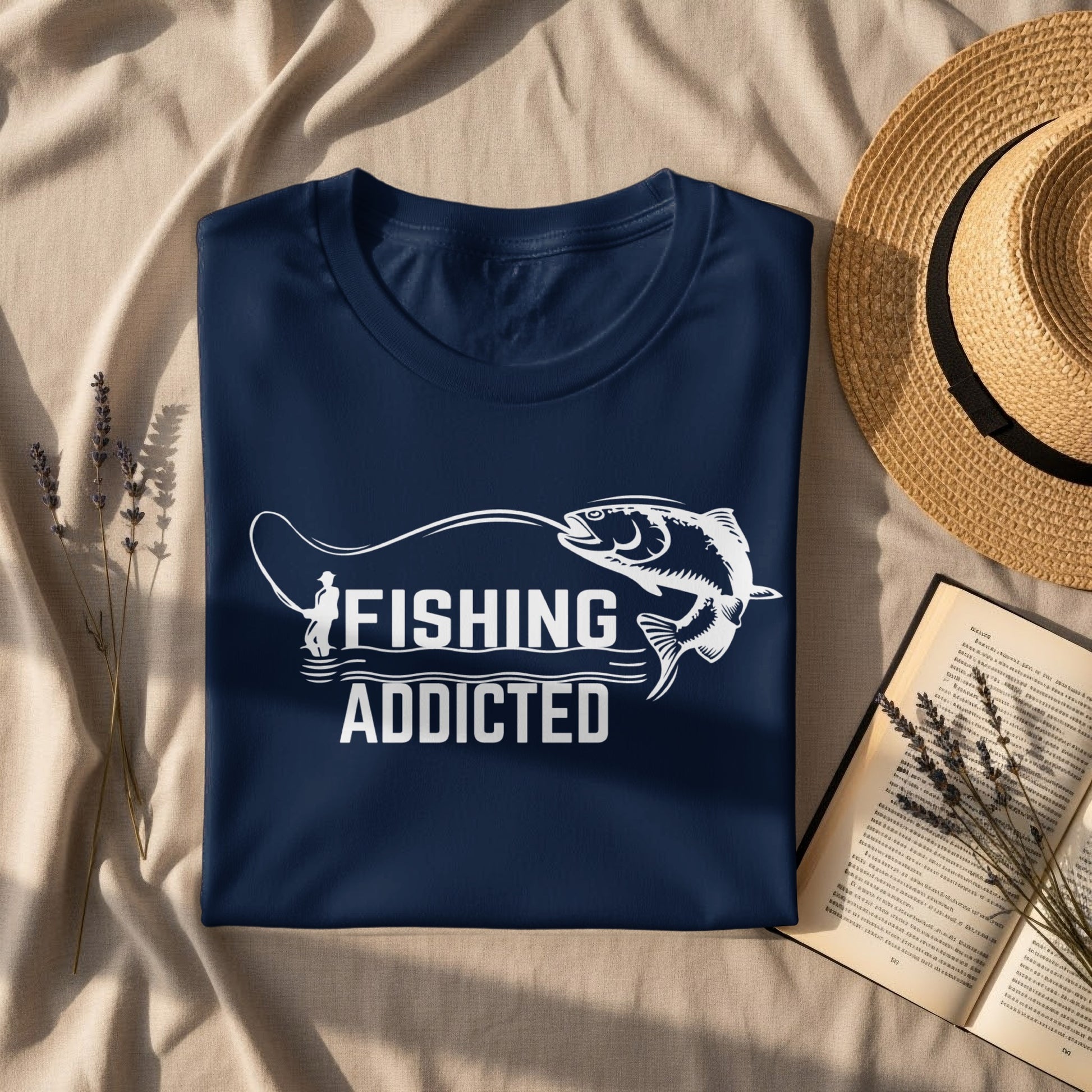 Navy t-shirt with "FISHING ADDICTED" text and fish graphic.