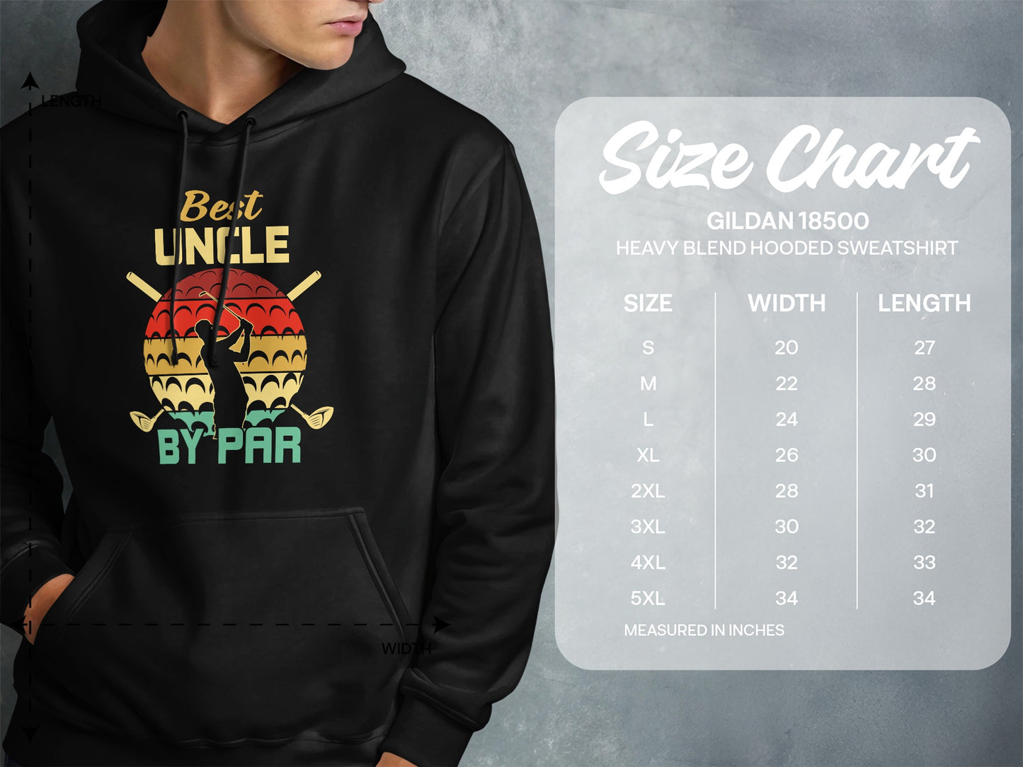Hooded sweatshirt size chart with graphic of golfer and "Best Uncle By Par" text.