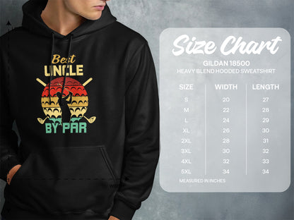 Hooded sweatshirt size chart with graphic of golfer and "Best Uncle By Par" text.