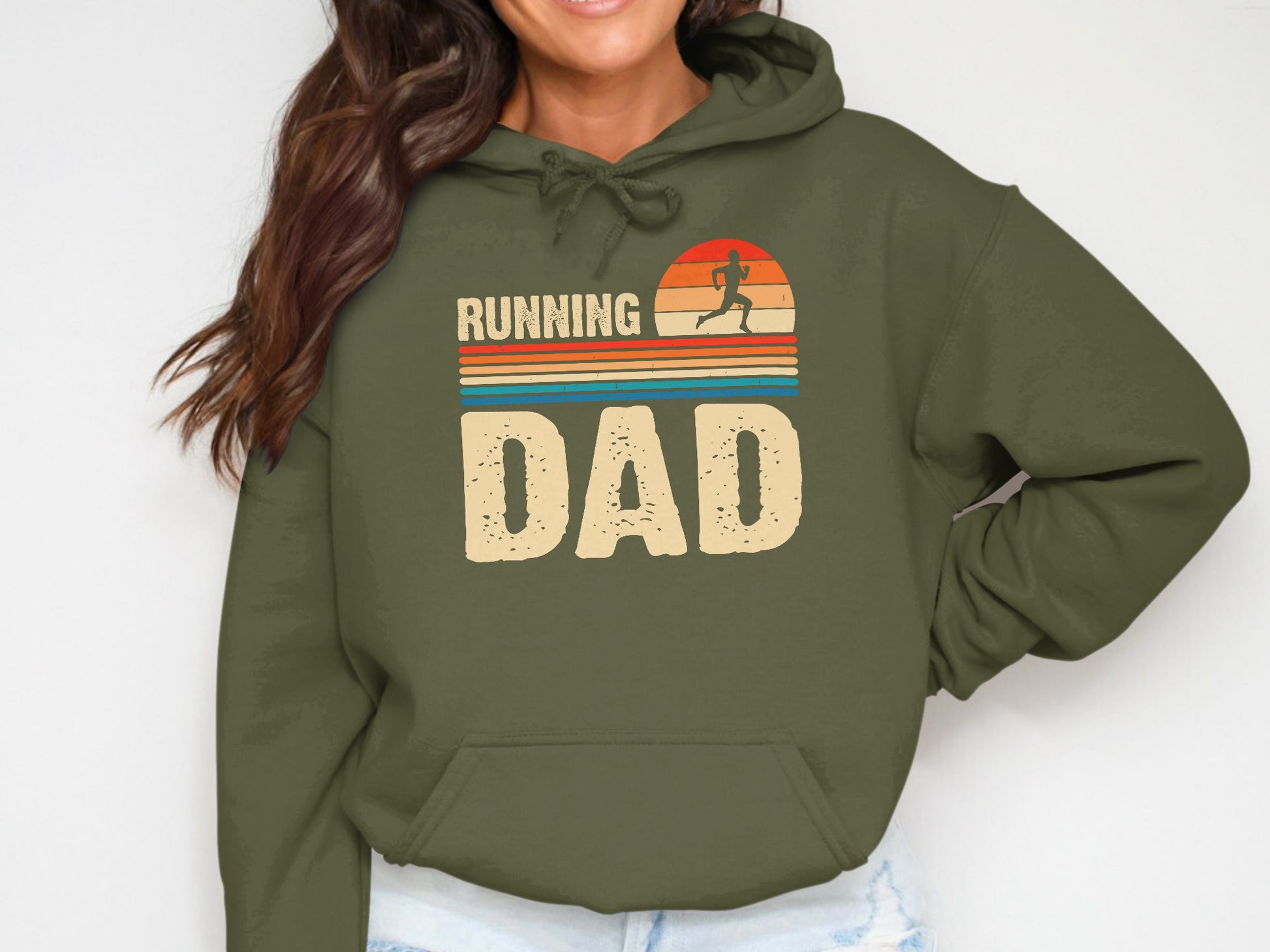 Olive hoodie with "Running Dad" and a runner silhouette in a sunset graphic.