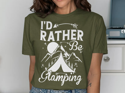 Green t-shirt with "I'd Rather Be Glamping" text and mountain tent graphic.