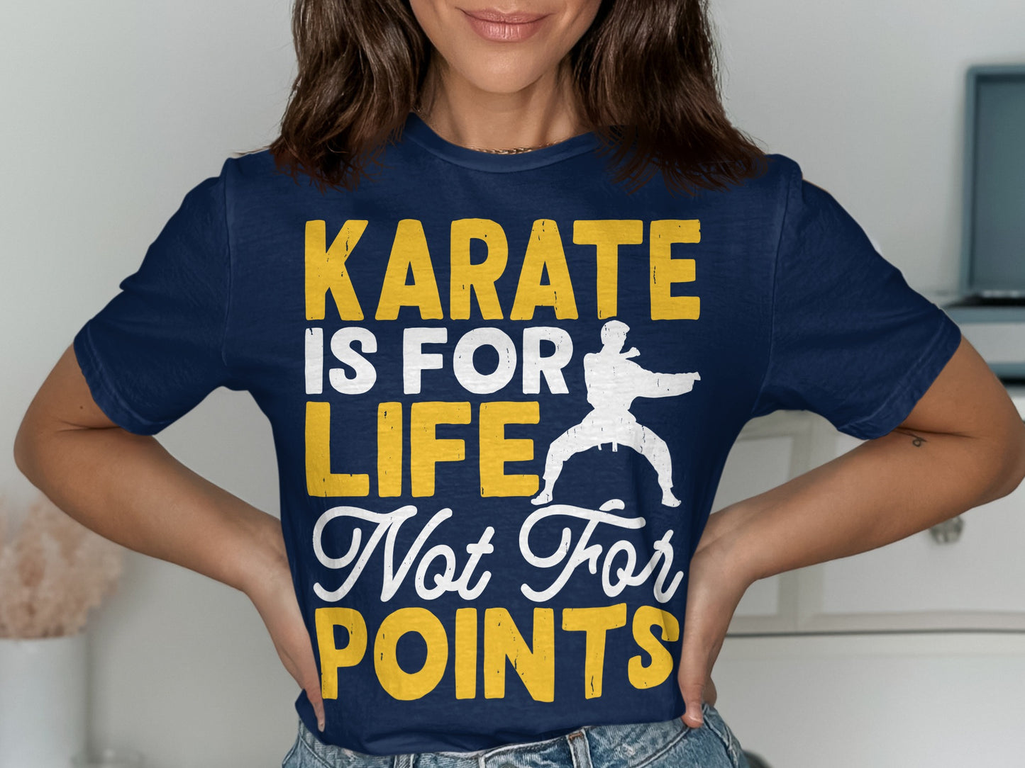 Navy t-shirt with "Karate is for Life, Not For Points" in white and yellow text.