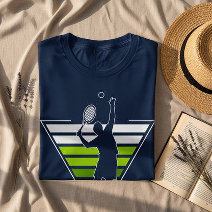 Navy t-shirt with a tennis player silhouette serving a ball within a green and white triangle.