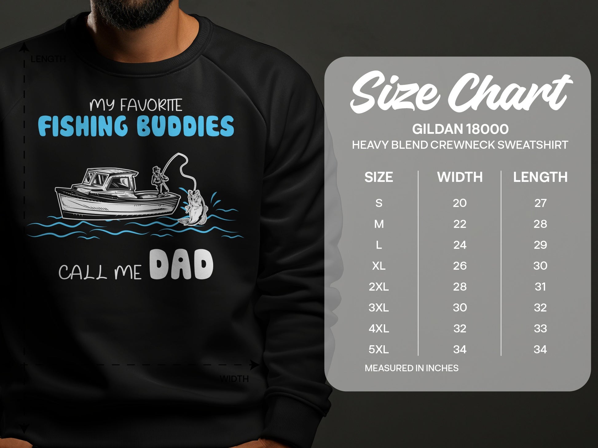 Crewneck sweatshirt with fishing graphic and size chart.