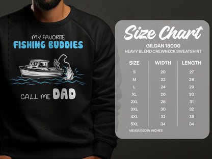 Crewneck sweatshirt with fishing graphic and size chart.