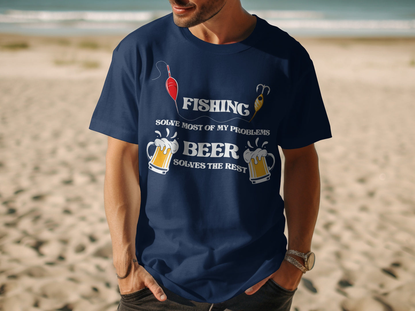 Navy t-shirt with fishing and beer graphic and text.