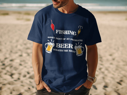 Navy t-shirt with fishing and beer graphic and text.