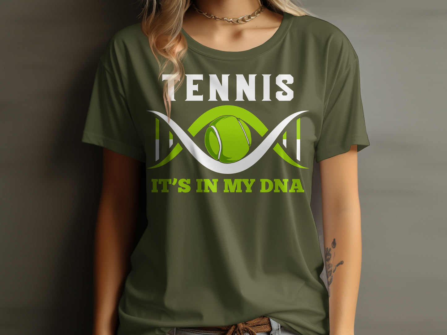 Green t-shirt with "TENNIS IT'S IN MY DNA" and tennis ball design.