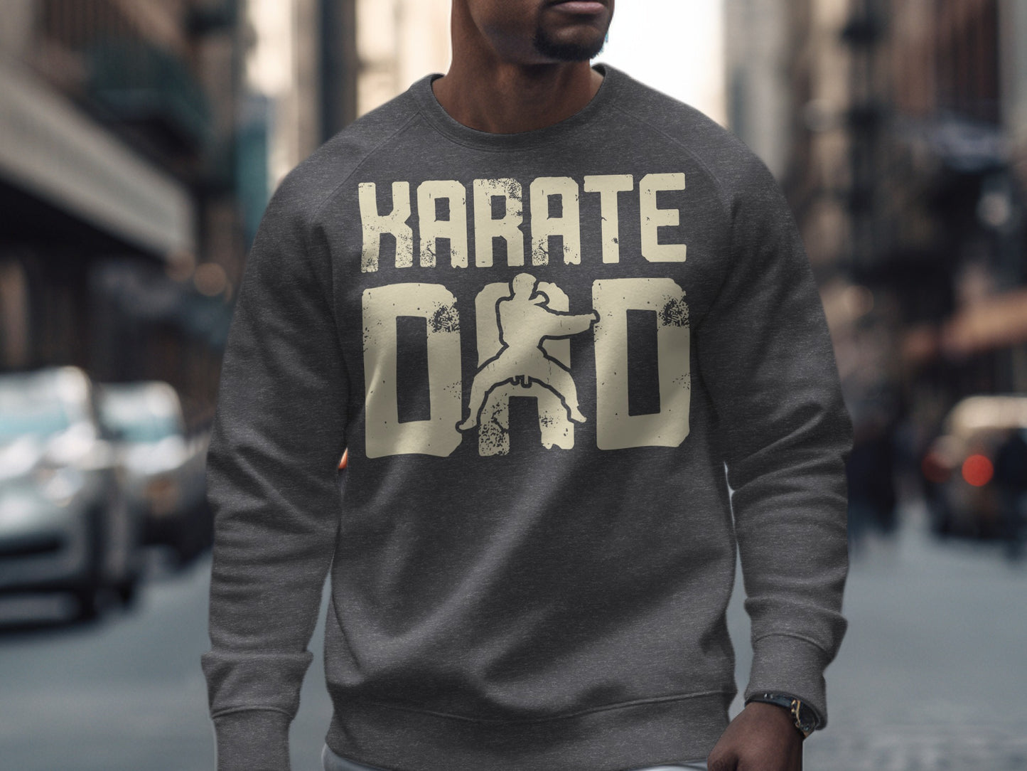 Gray sweatshirt with "KARATE DAD" text and a karate silhouette.