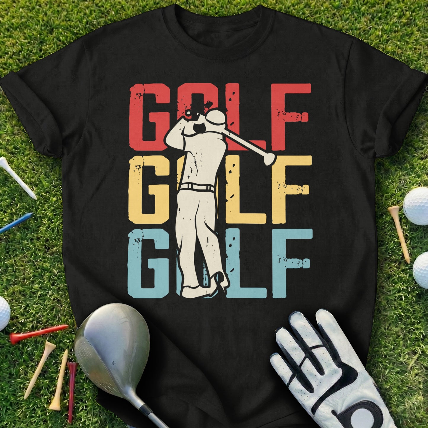 Black t-shirt with "GOLF GOLF GOLF" in distressed red, yellow, and blue lettering.