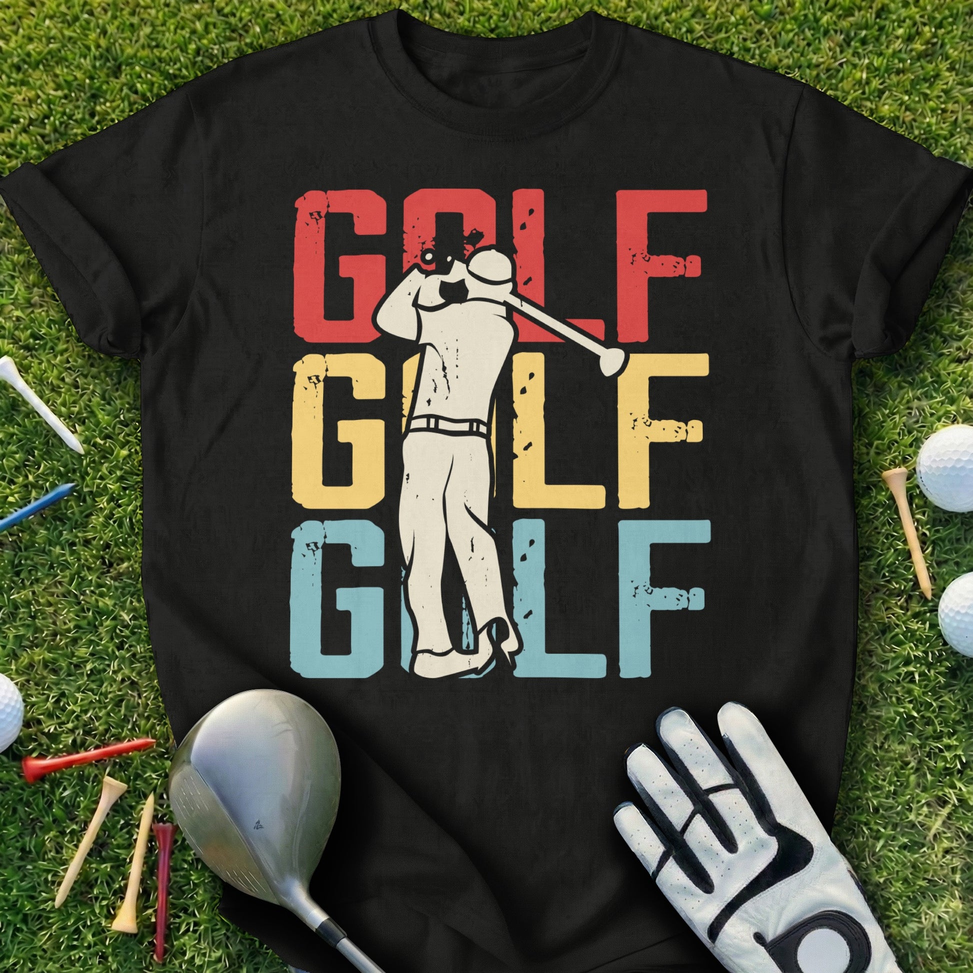 Black t-shirt with "GOLF GOLF GOLF" in distressed red, yellow, and blue lettering.