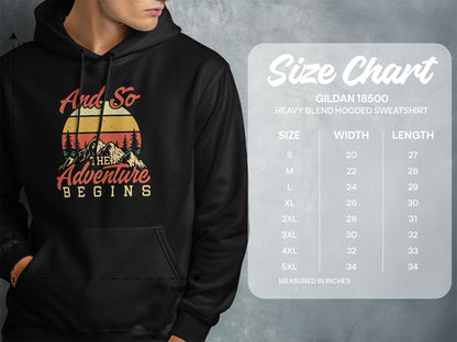 Gildan 18500 hooded sweatshirt size chart with "And So The Adventure Begins" graphic.