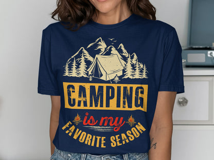 Navy t-shirt with "Camping is my favorite season" text and mountain graphic.