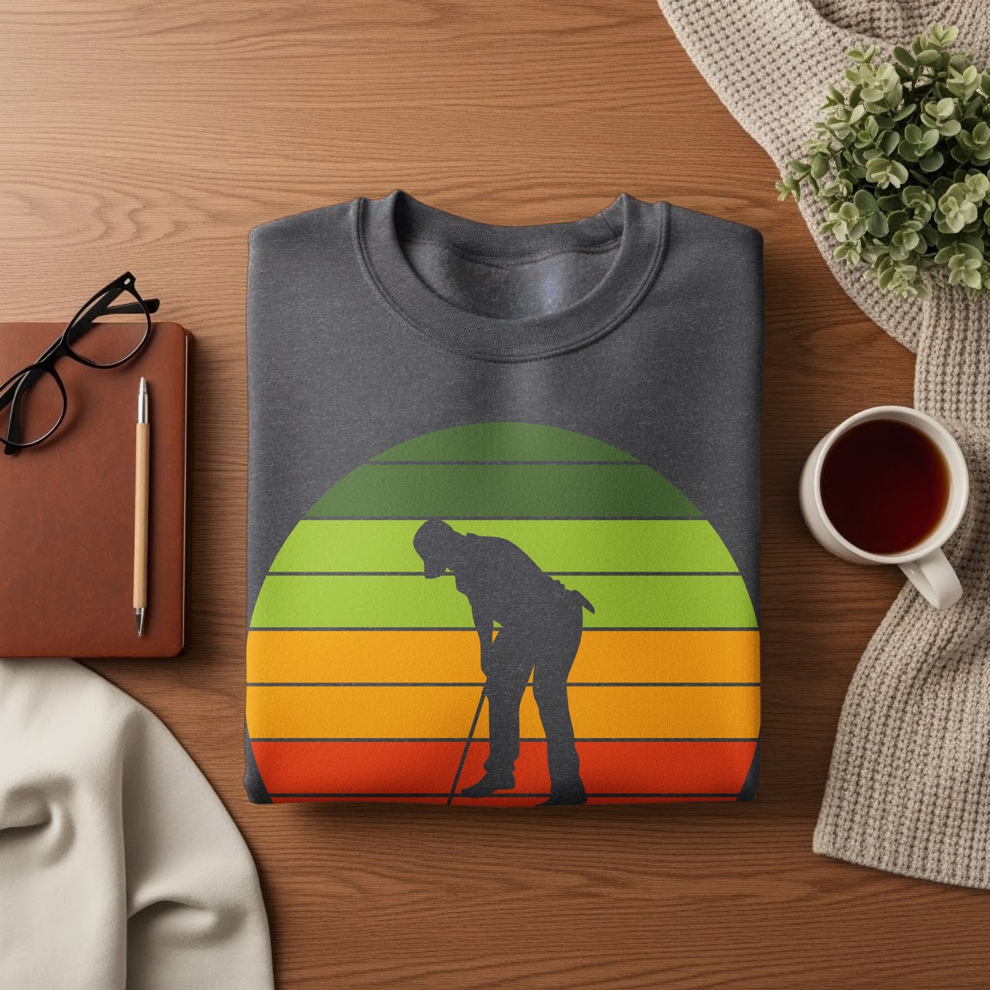 Dark gray sweatshirt with a golfer silhouette against a sunset graphic.