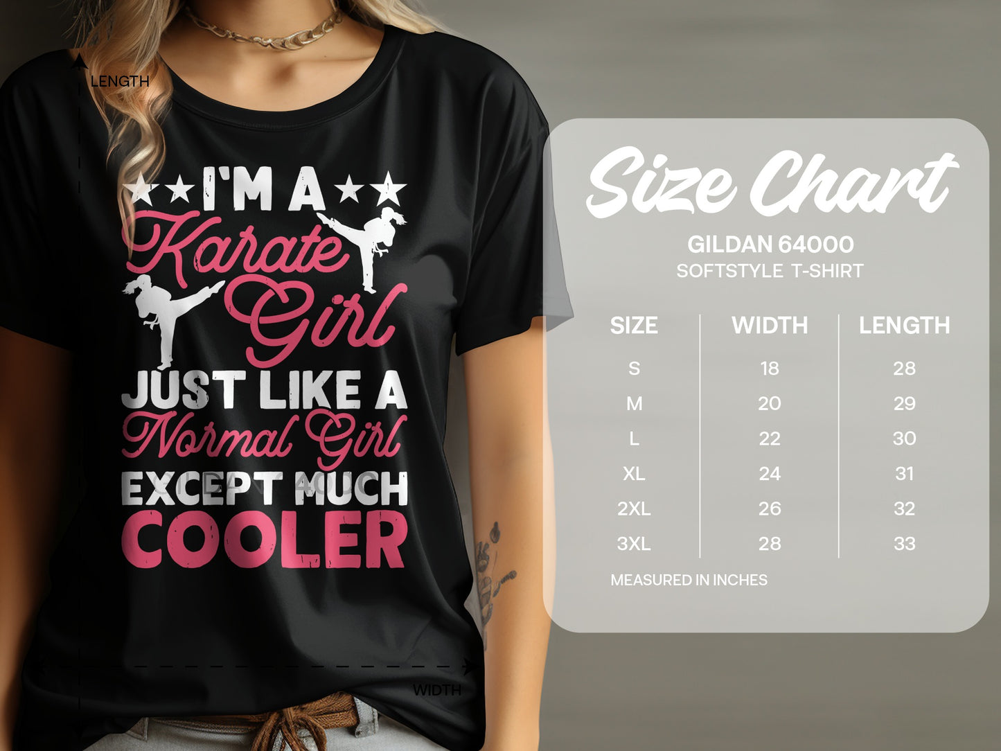 Black t-shirt with "Karate Girl Except Much Cooler" graphic and size chart.