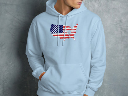 Light blue hoodie with US map featuring the American flag and a tennis ball graphic.