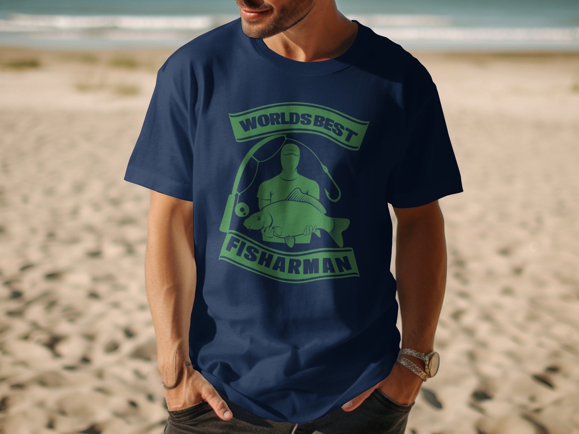Navy t-shirt with "Worlds Best Fisherman" text and fishing graphic.