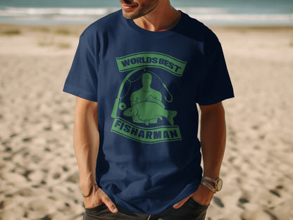 Navy t-shirt with "Worlds Best Fisherman" text and fishing graphic.