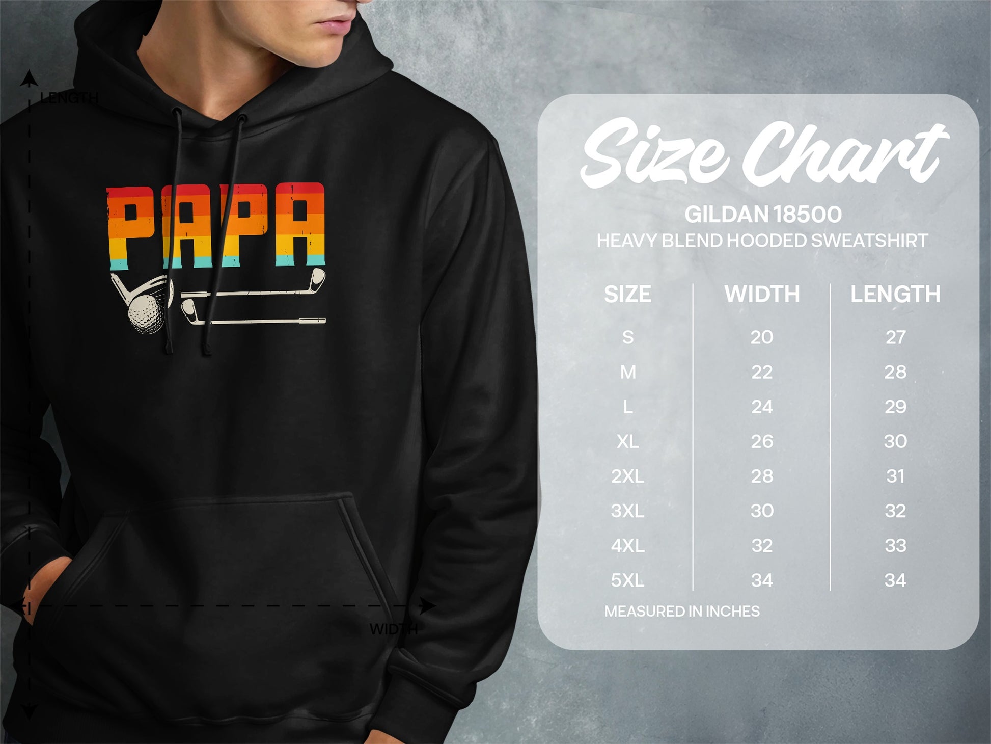 Hooded sweatshirt with "PAPA" graphic and a golf club, shown next to a size chart.