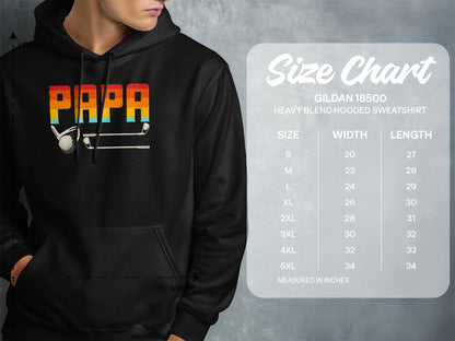 Hooded sweatshirt with "PAPA" graphic and a golf club, shown next to a size chart.