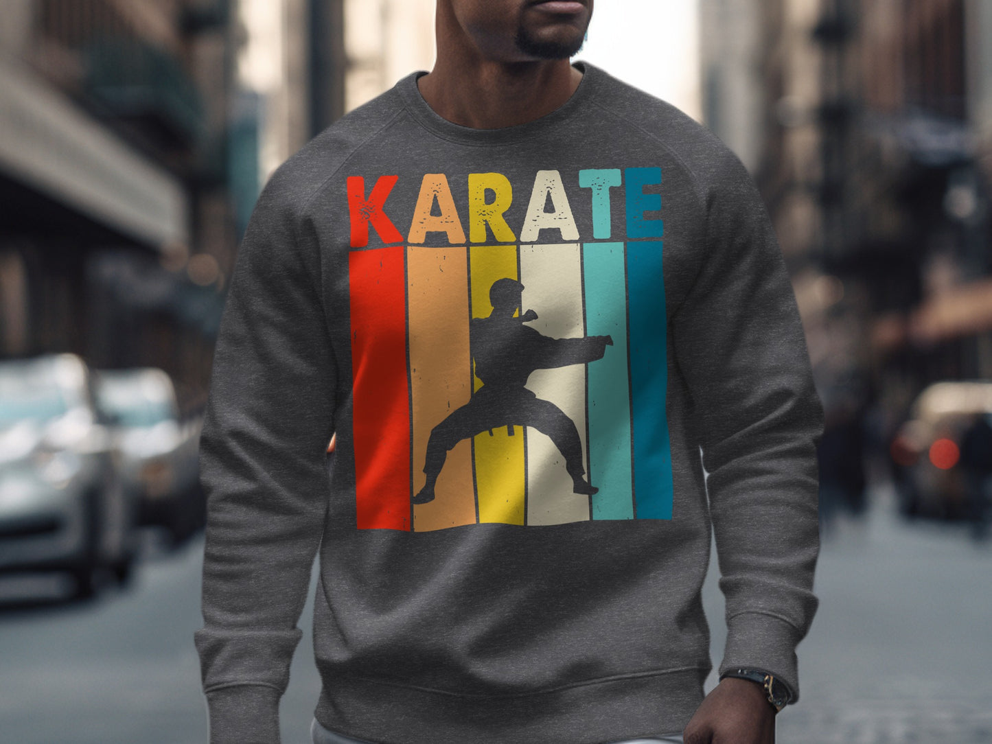 Grey sweatshirt with "KARATE" in retro stripes and a martial artist silhouette.