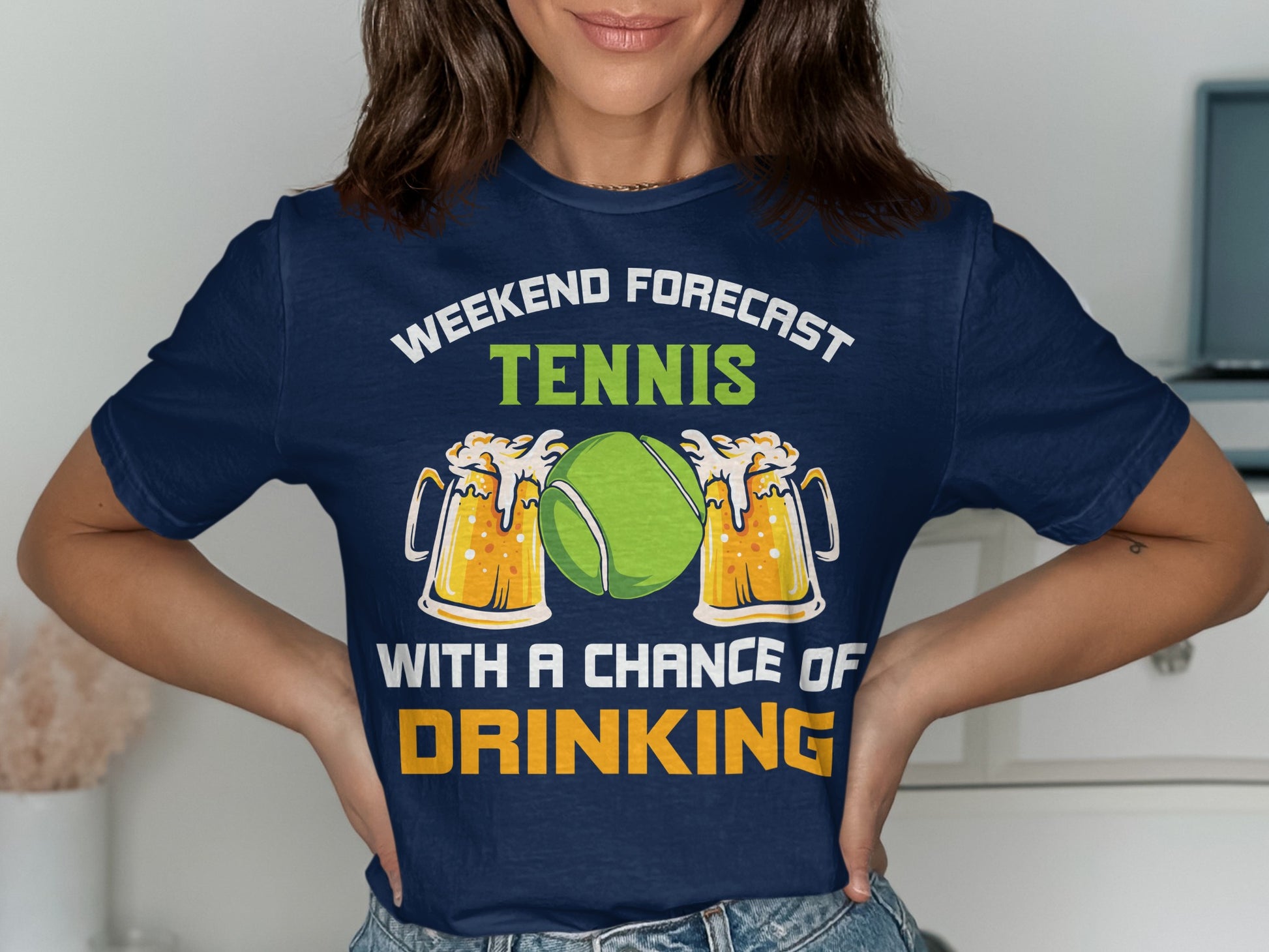 Navy t-shirt with "Weekend forecast tennis with a chance of drinking" and beer mugs.